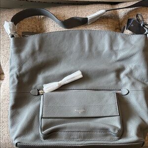 Tahari Gray Pebbled Leather Shoulder Tote with Front Pocket
